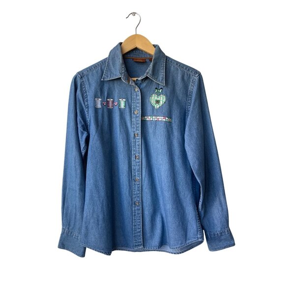 Harriton  Denim Embroidered Button Down Shirt Sz M Seamstress Needle Thread Sew - Picture 2 of 7